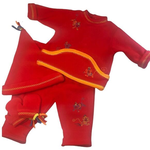 Banana Soup Fleece Baby 4 pc Set Unisex Red/Yellow Embroidered Monkey 3-6 Months - Picture 1 of 9